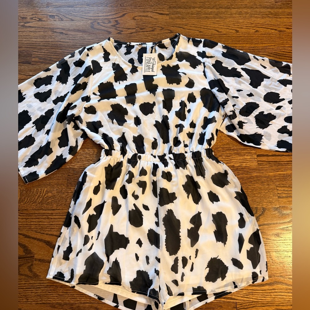 The Fringed Pineapple Cow Print Romper NWT Black White Size Small